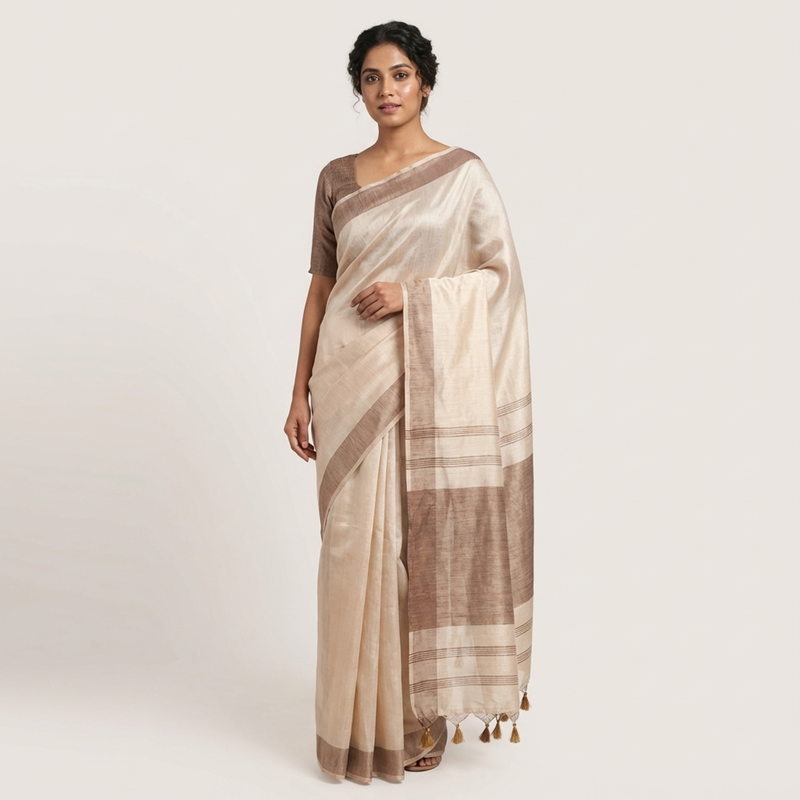 Brown woven cotton silk saree with blouse piece
