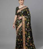 Black printed satin saree with blouse piece