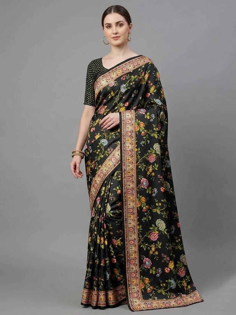 Black printed satin saree with blouse piece