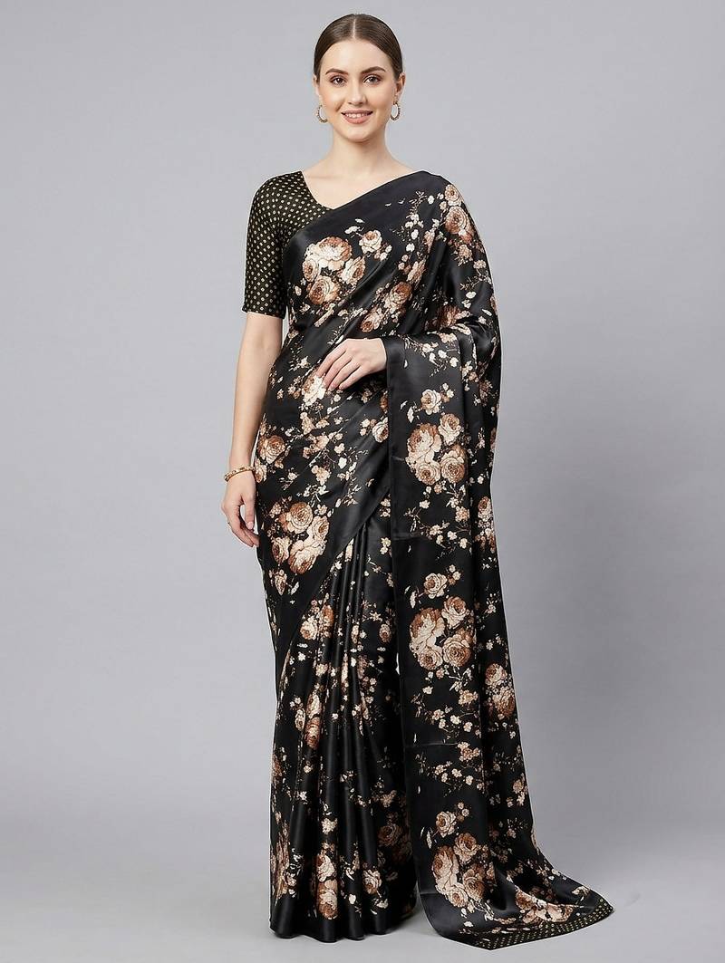 Black printed satin saree with blouse piece