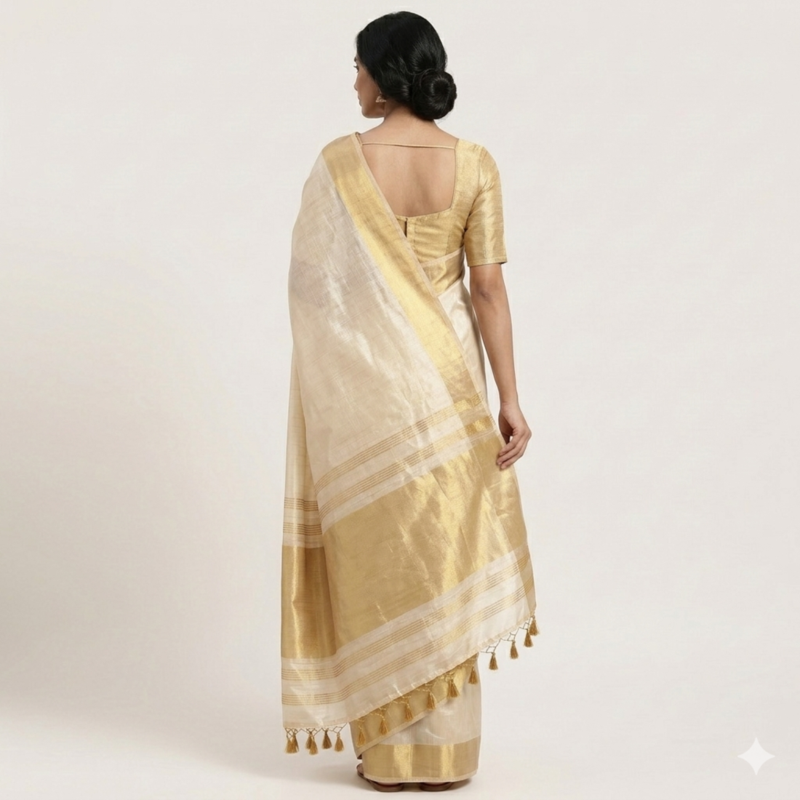 Beige woven cotton silk saree with blouse piece
