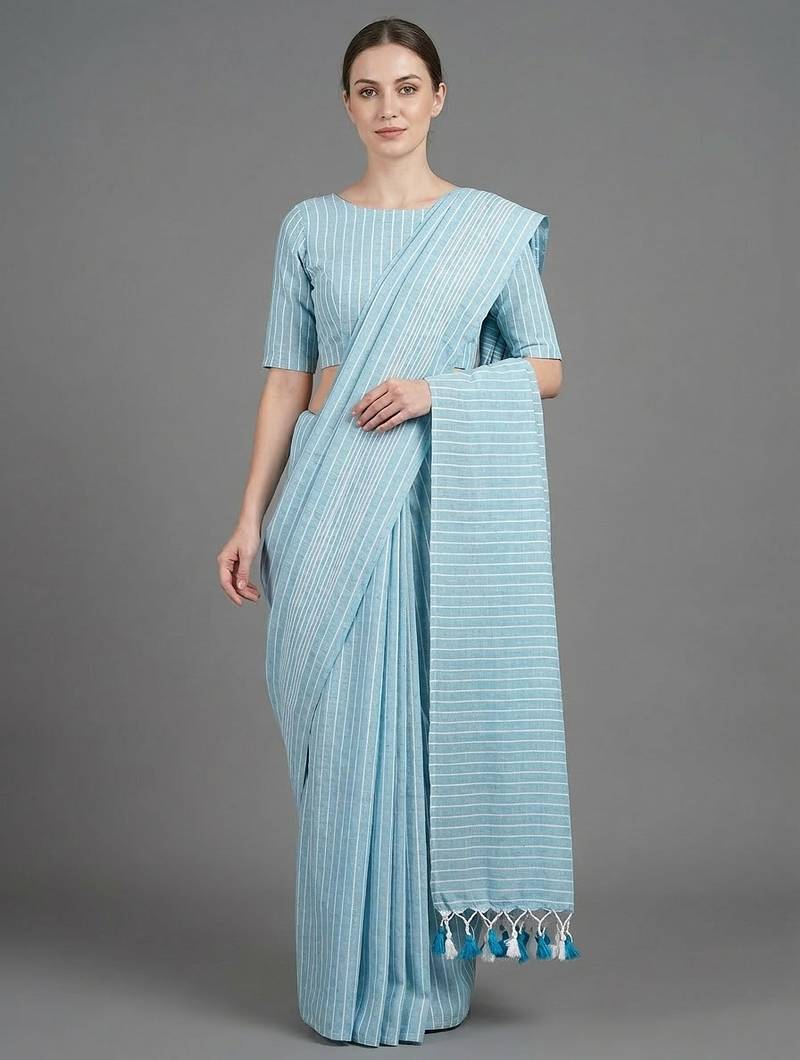 Sky blue woven khadi saree with blouse piece