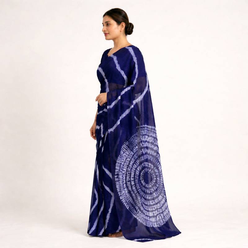 Navy blue printed art silk saree with blouse piece