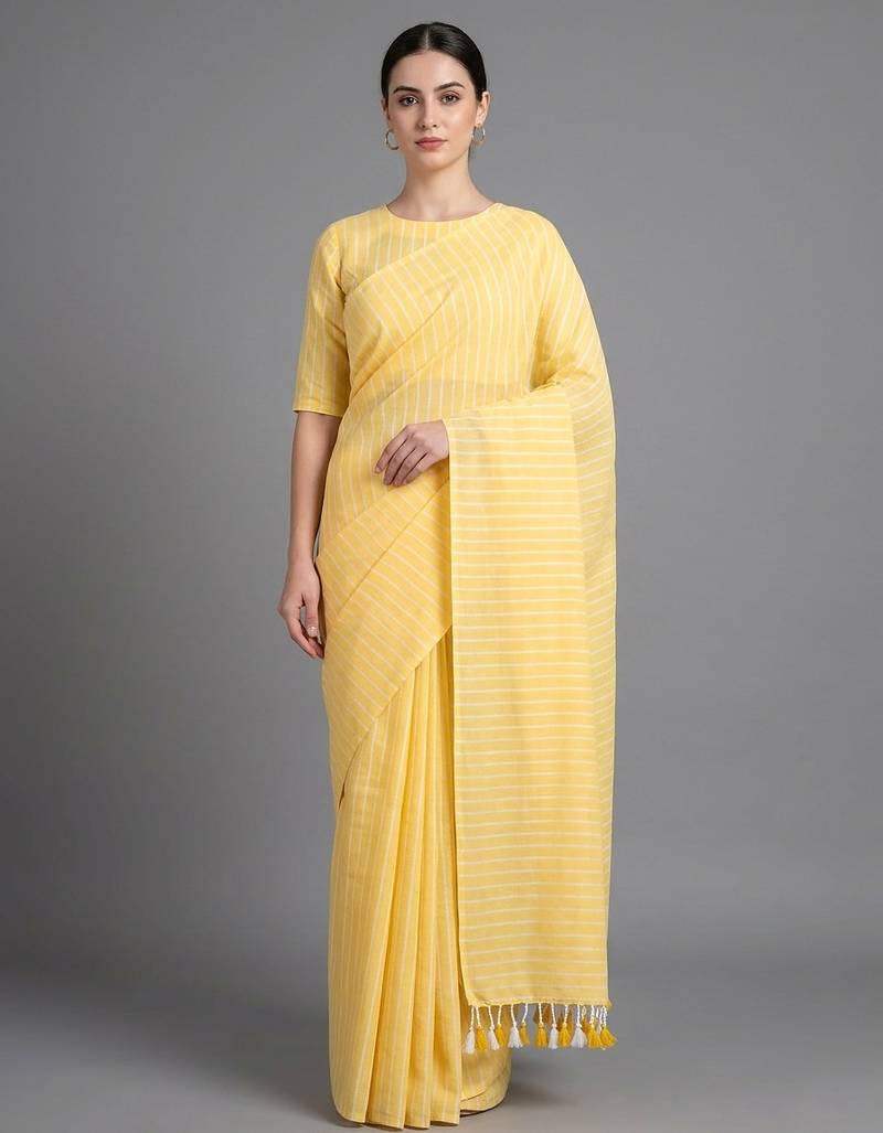 Yellow woven khadi saree with blouse piece