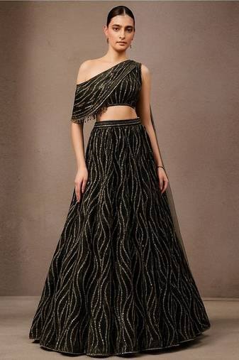 Black Sequin Embroidered Net Lehenga Set
