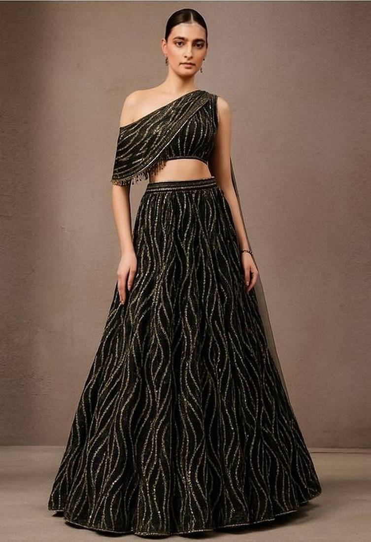 Black Sequin Embroidered Net Lehenga Set