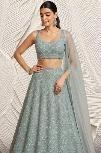 Sage Green Embroidered Net Lehenga Set