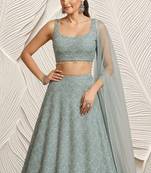 Sage Green Embroidered Net Lehenga Set
