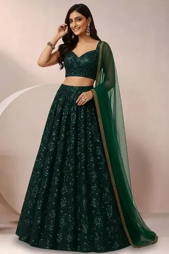 Emerald Green Sequin Embroidery Net Lehenga Set