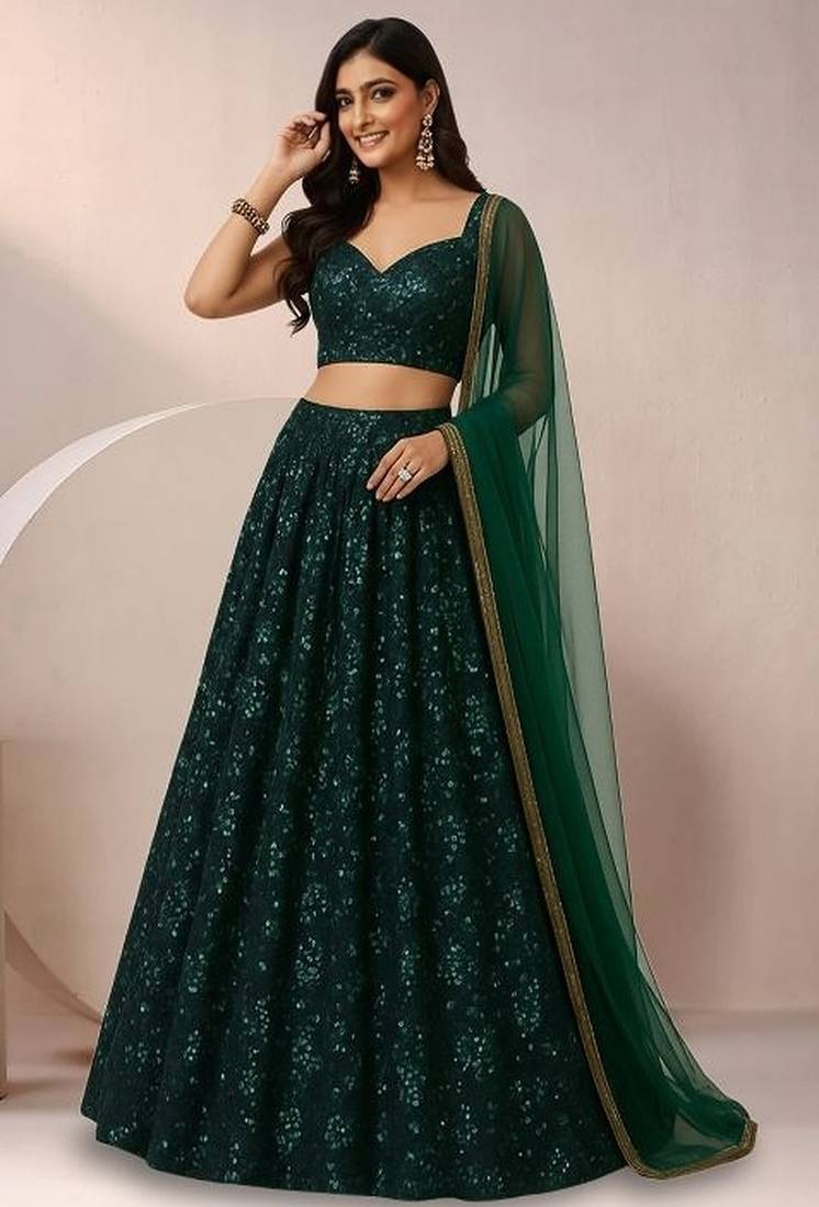 Emerald Green Sequin Embroidery Net Lehenga Set