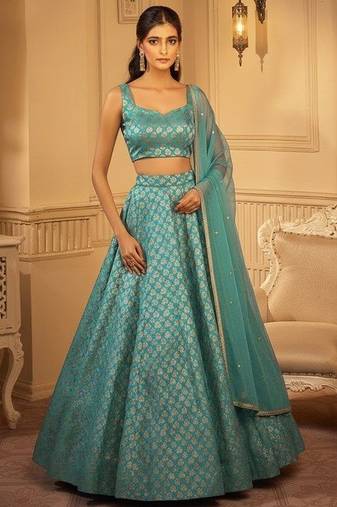 Turquoise Jacquard Brocade Lehenga Set