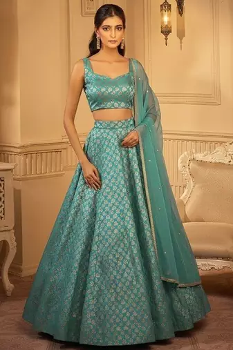 Turquoise Jacquard Brocade Lehenga Set