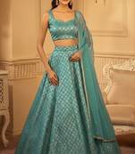 Turquoise Jacquard Brocade Lehenga Set