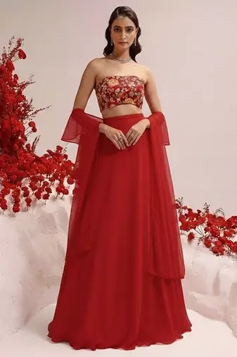 Red Viscose crepe Solid Lehenga Set With Embroidery Blouse