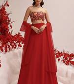 Red Viscose crepe Solid Lehenga Set With Embroidery Blouse