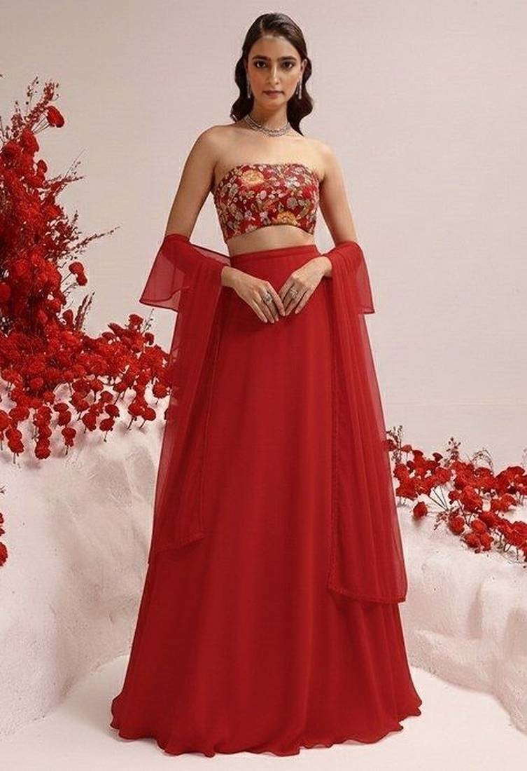 Red Viscose crepe Solid Lehenga Set With Embroidery Blouse