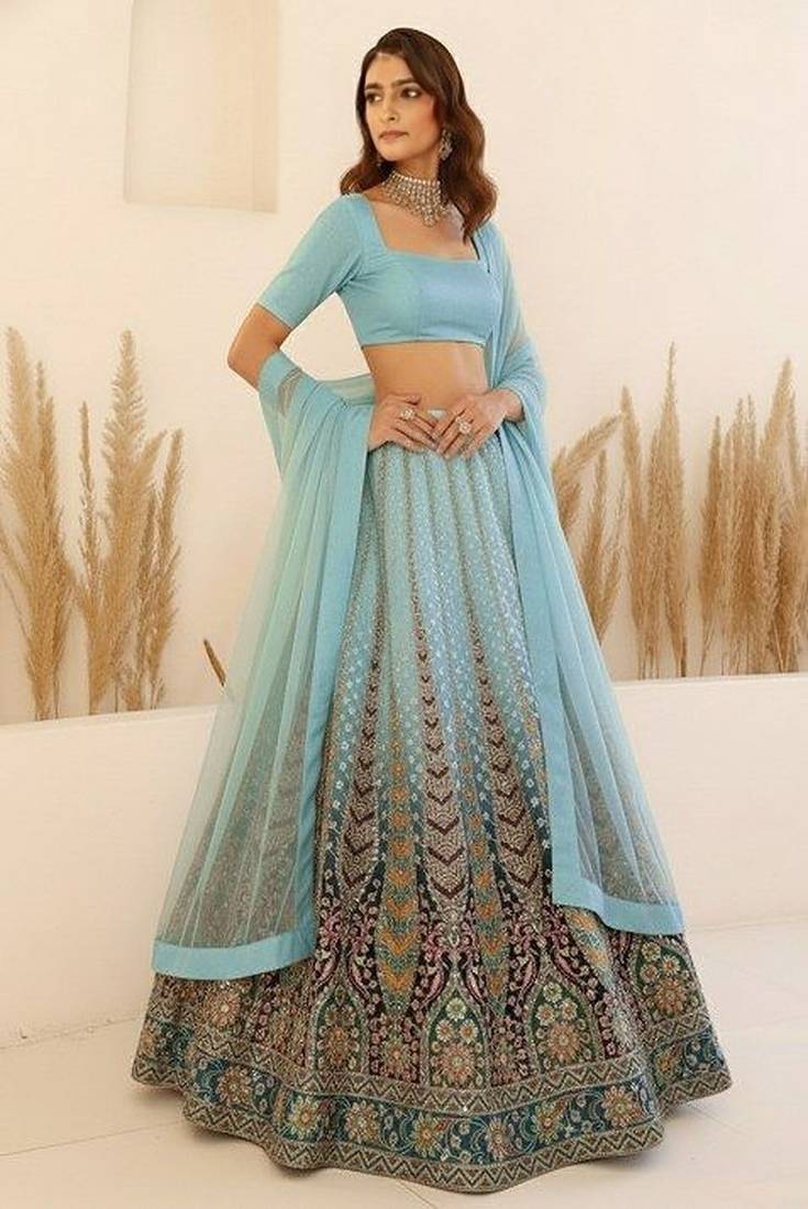 Blue Embroidery Crepe Lehenga Set