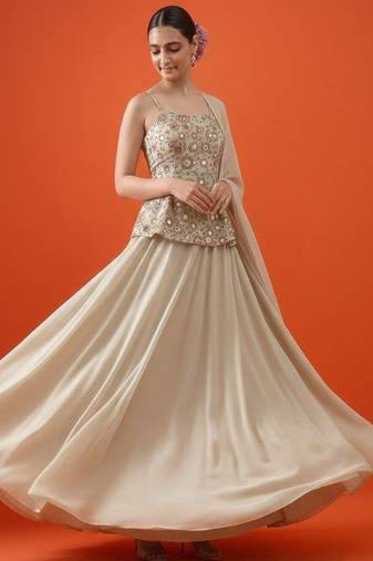 Beige Embroidered Tissue Lehenga Set