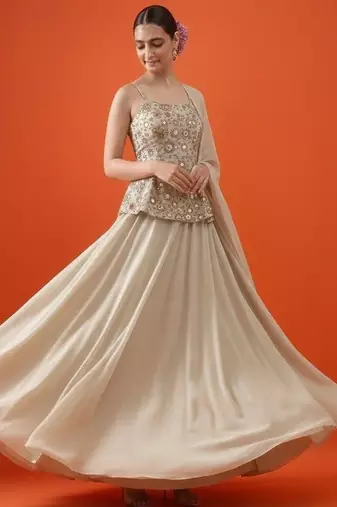 Beige Embroidered Tissue Lehenga Set