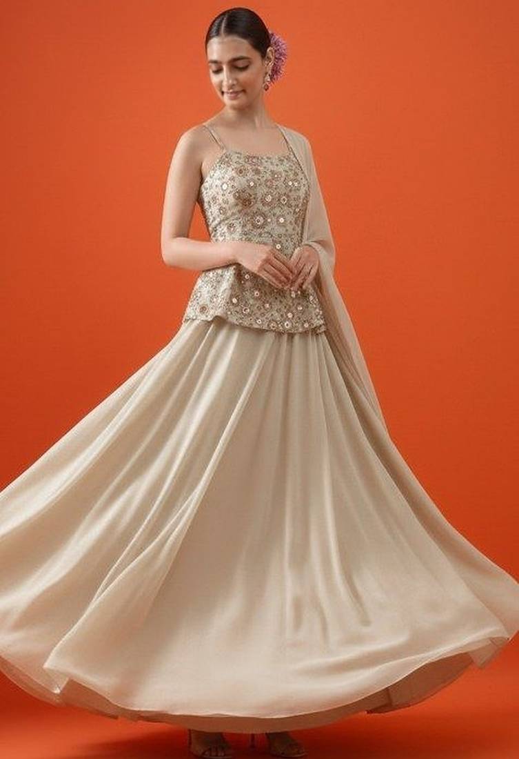 Beige Embroidered Tissue Lehenga Set