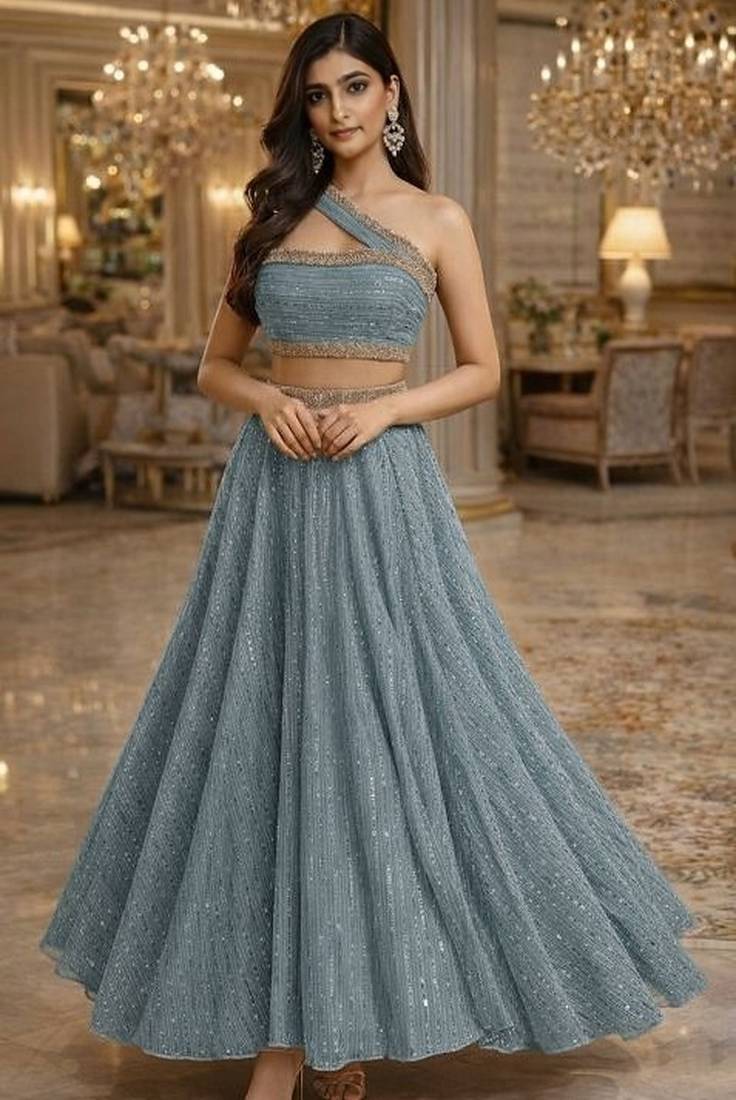Dusty Blue Sequin Embellished Shimmer Lehenga Set