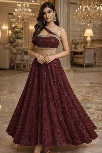 Deep Maroon Sequin Embellished Shimmer Lehenga Set