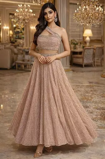 Peach Sequin Embellished Shimmer Lehenga Set