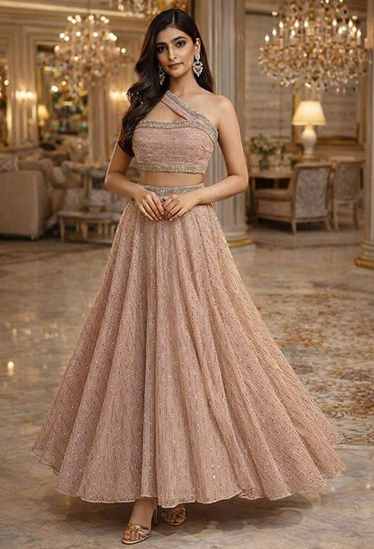 Peach Sequin Embellished Shimmer Lehenga Set