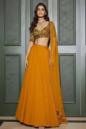 Mustard Yellow Crepe Lehenga Set With Printed Blouse