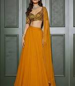 Mustard Yellow Crepe Lehenga Set With Printed Blouse