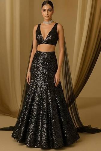 Black Sequin Net Lehenga Set