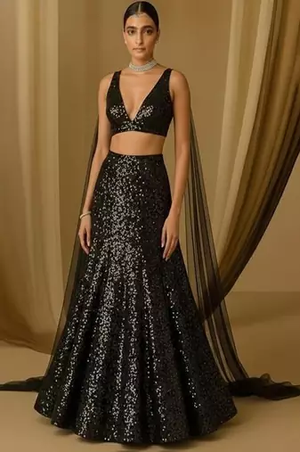 Black Sequin Net Lehenga Set