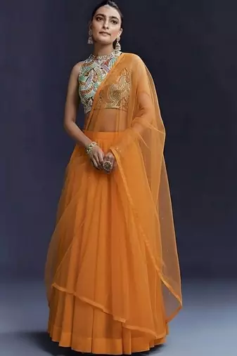 Burnt Orange  Crepe Lehenga Set With Printed Bloude