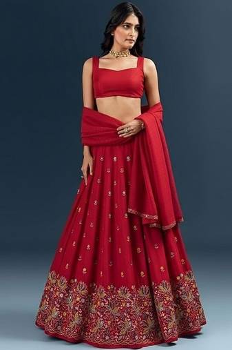 Red Crepe Embroidered Lehenga Set