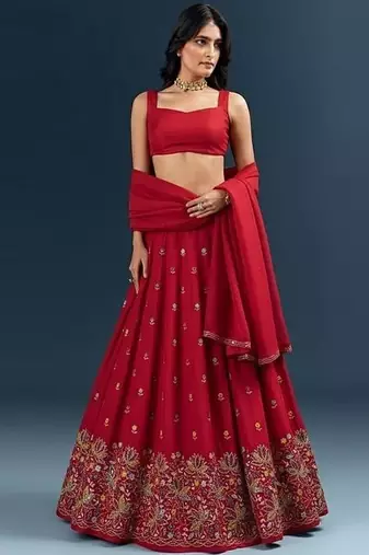 Red Crepe Embroidered Lehenga Set