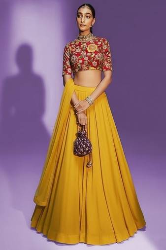 Yellow Solid Crepe Lehenga Set