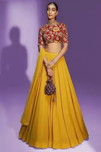 Yellow Solid Crepe Lehenga Set