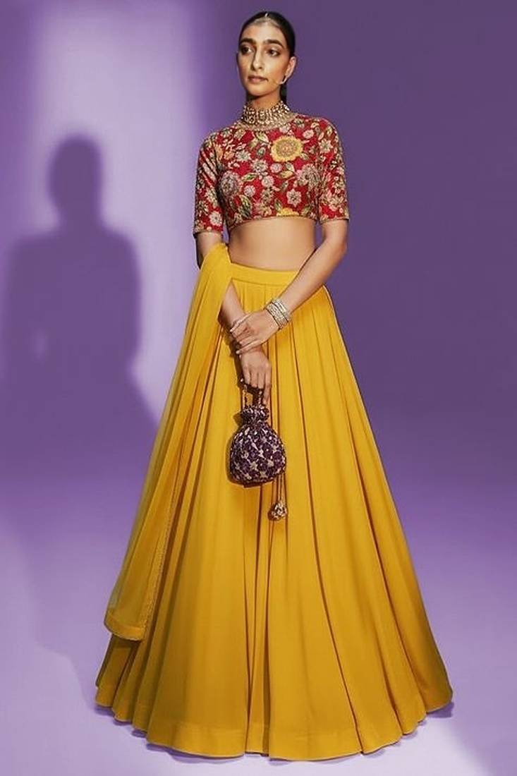 Yellow Solid Crepe Lehenga Set