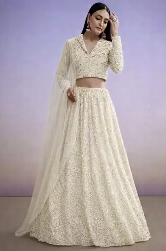 Off White Net Self Design Lehenga Set