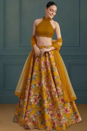 Yellow Floral Print Crepe Lehenga Set