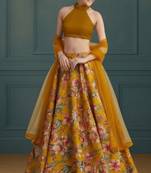 Yellow Floral Print Crepe Lehenga Set