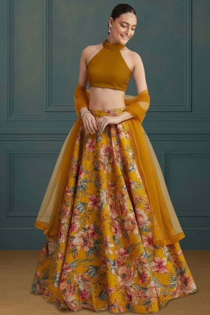 Yellow Floral Print Crepe Lehenga Set