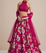 Rani Pink Floral Print Crepe Lehenga Set