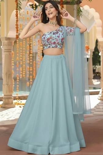 Blue Embroidered Crepe Lehenga Set