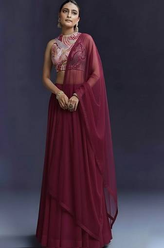 Burgundy Crepe Lehenga Set With Printed Blouse