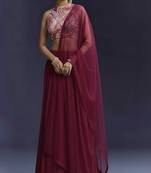 Burgundy Crepe Lehenga Set With Printed Blouse