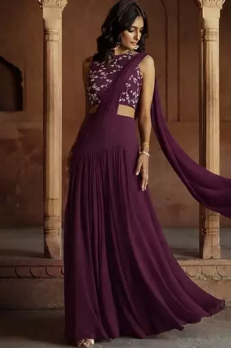 Purple Embroidered Crepe Lehenga Set