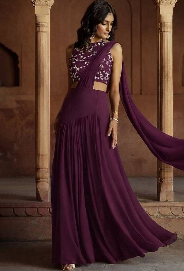 Purple Embroidered Crepe Lehenga Set