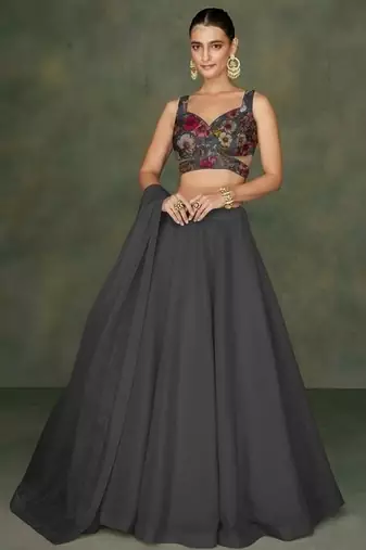 Black Floral Print Crepe Lehenga Set