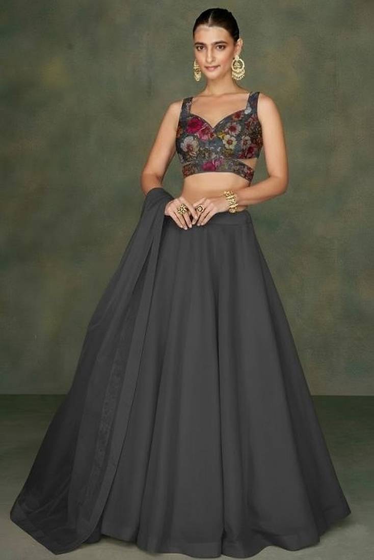 Black Floral Print Crepe Lehenga Set